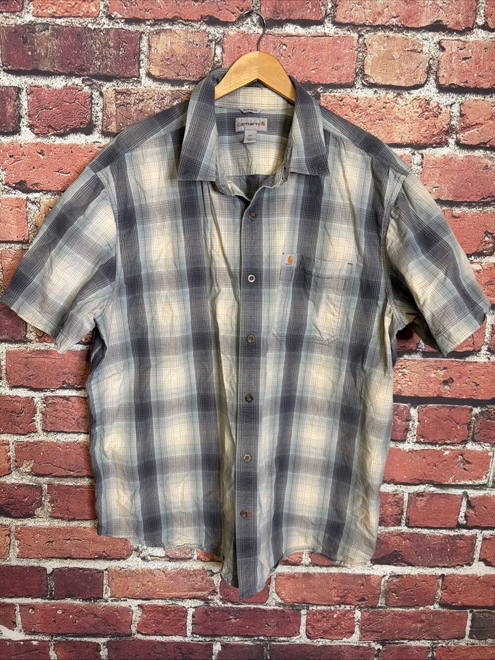 Carhartt Relaxed Fit Mens 2XL Short Sleeve Button Front Shirt Plaid Grey/Blue